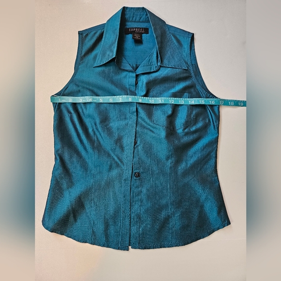 Express size 1/2 XS 100% silk button up blouse teal blue, vintage,office - Picture 7 of 7
